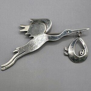 Modernist Stork & Newborn Brooch Signed Anne Harvey Mexico 925 Sterling Silver